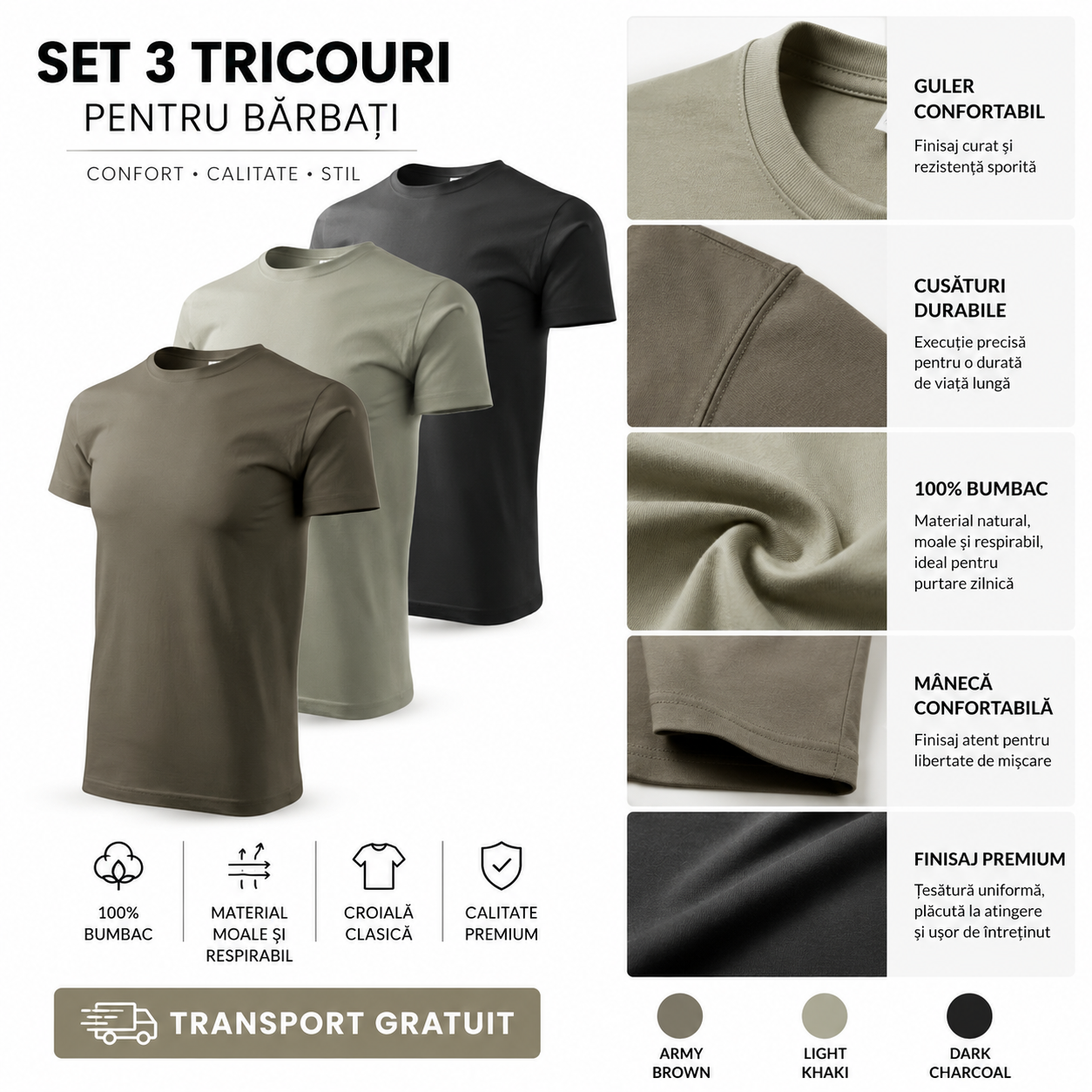 Set 3 tricouri bărbați 100% bumbac regular fit army kaki deschis și negru model 129